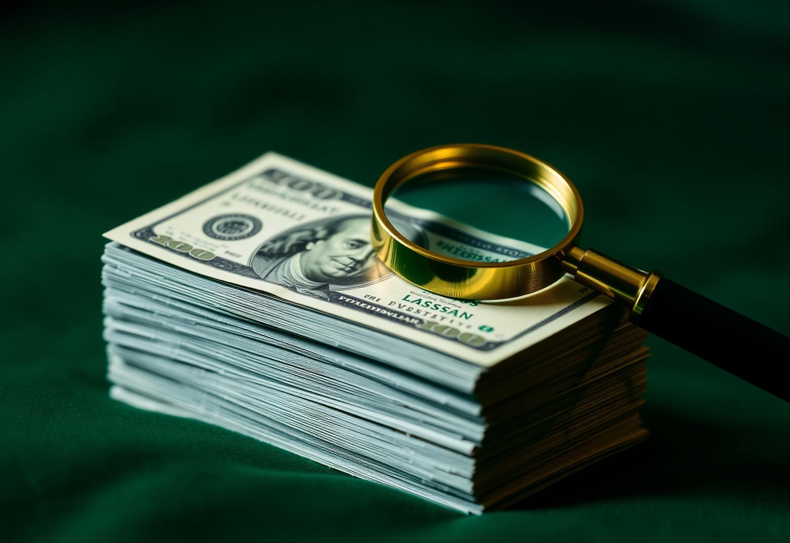 Stacked hundred-dollar bills with a brass magnifying glass on emerald velvet